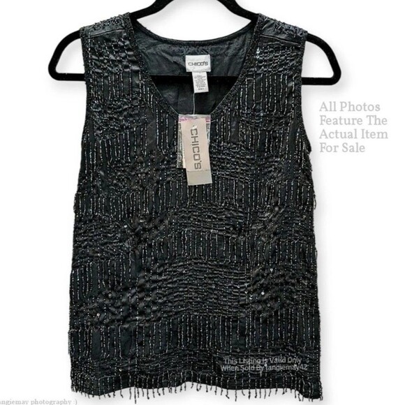 Chicos Size 1 Black Beaded Fringe Flapper Sleeveless Dressy Shell Top Medium NWT - Picture 1 of 10